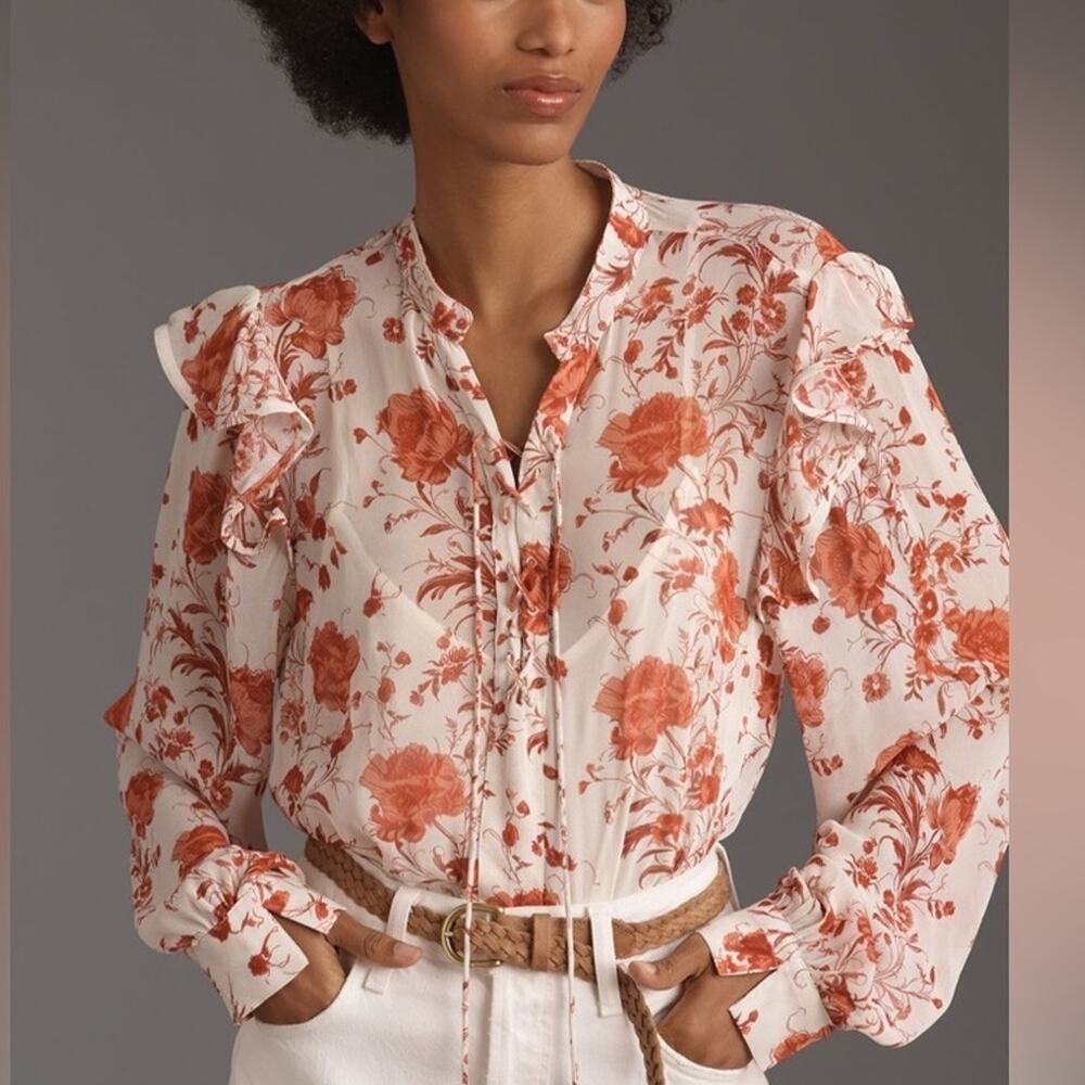 Anthropologie Maeve Long-Sleeve Ruffled Sheer Blouse Peach Floral Size Small